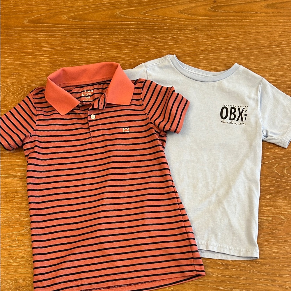 crown & ivy Coral and Black Striped Polo with White Graphic Tee